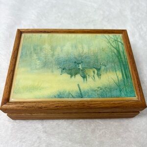 Vintage Deer Scene Wood Trinket Watch Jewelry Box Red Lined Dresser Hunting